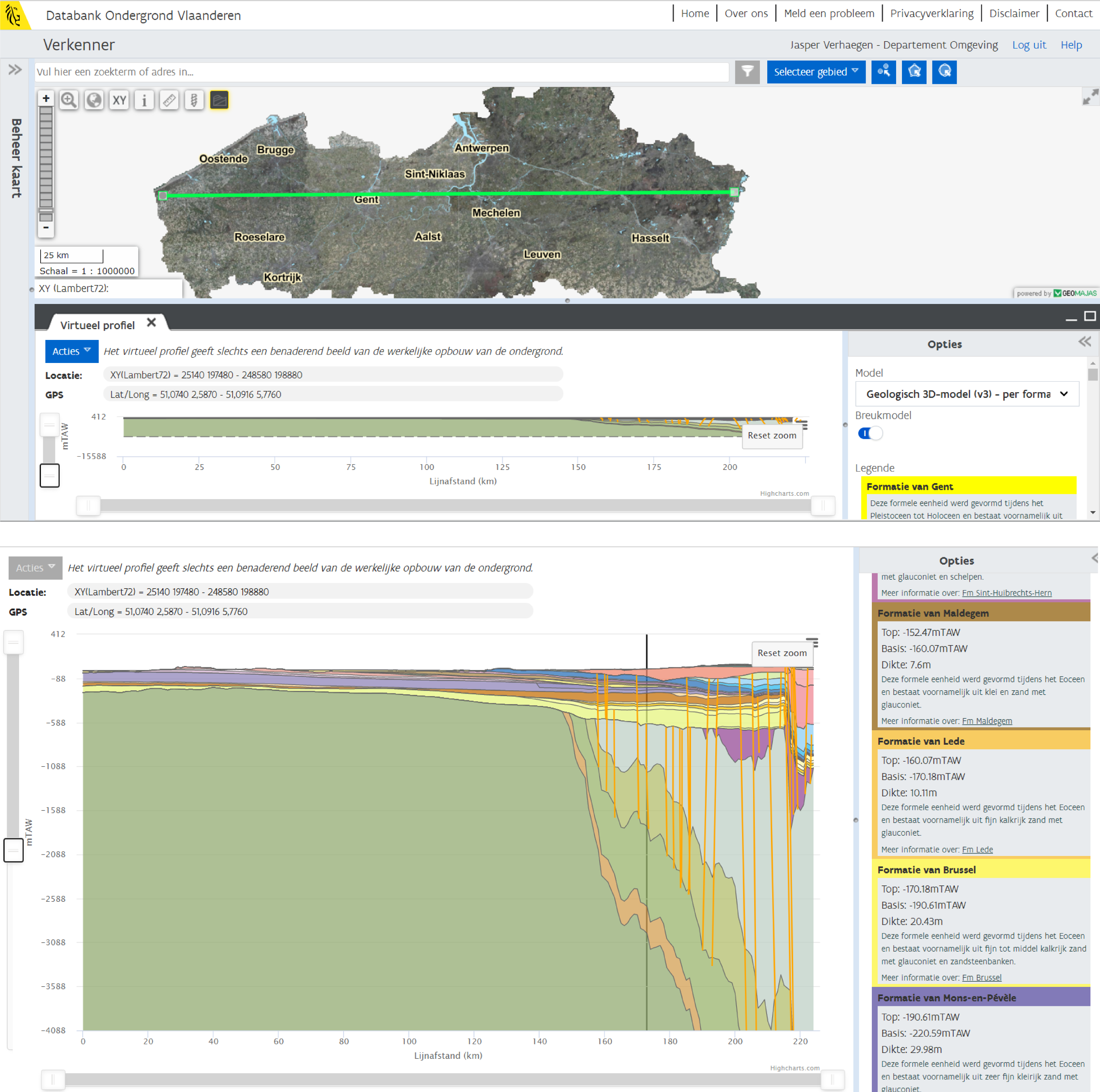 Virtueel Profiel - west-oost profiel door Vlaanderen