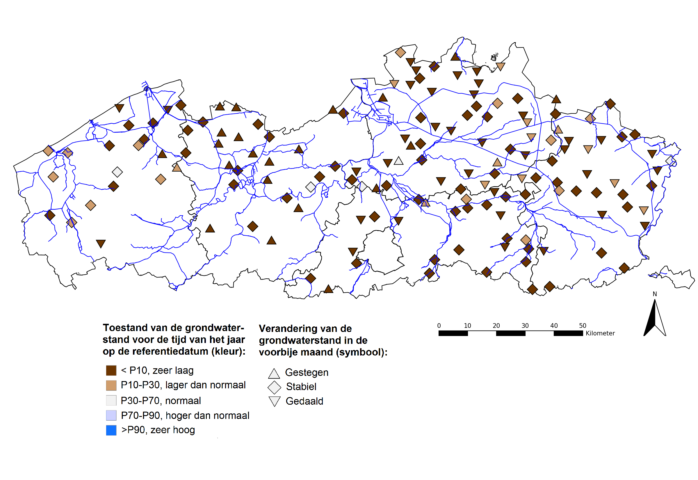 kaart toestand voor de tijd van het jaar, gestegen gedaald 2018-10-14