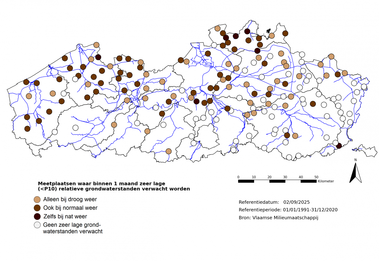 Meetplaatsen waar volgende maand zeer lage (<P10) freatische grondwaterstanden voor de tijd van het jaar verwacht worden.