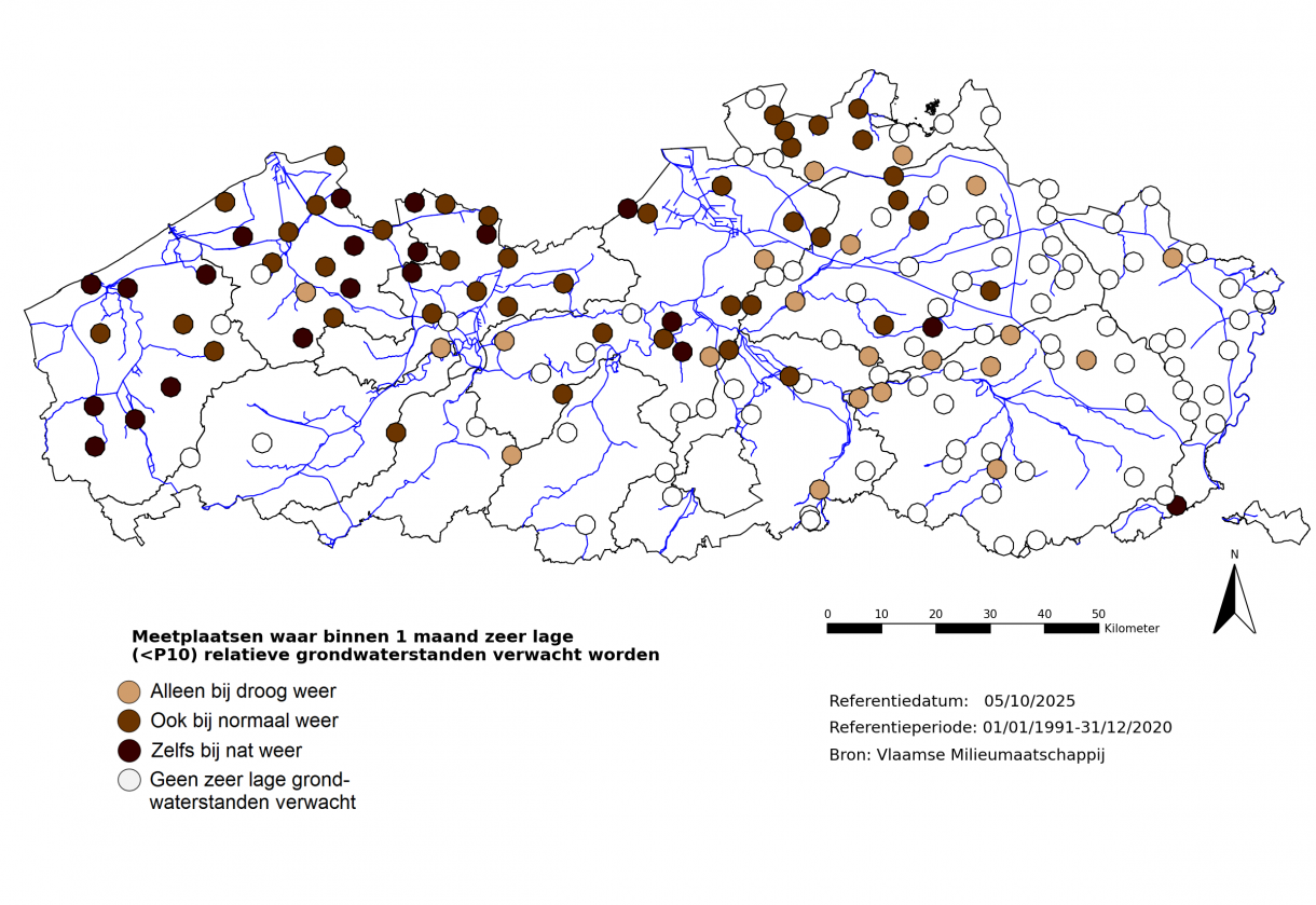 Figuur 7: Meetplaatsen waar volgende maand zeer lage (<P10) freatische grondwaterstanden voor de tijd van het jaar verwacht worden