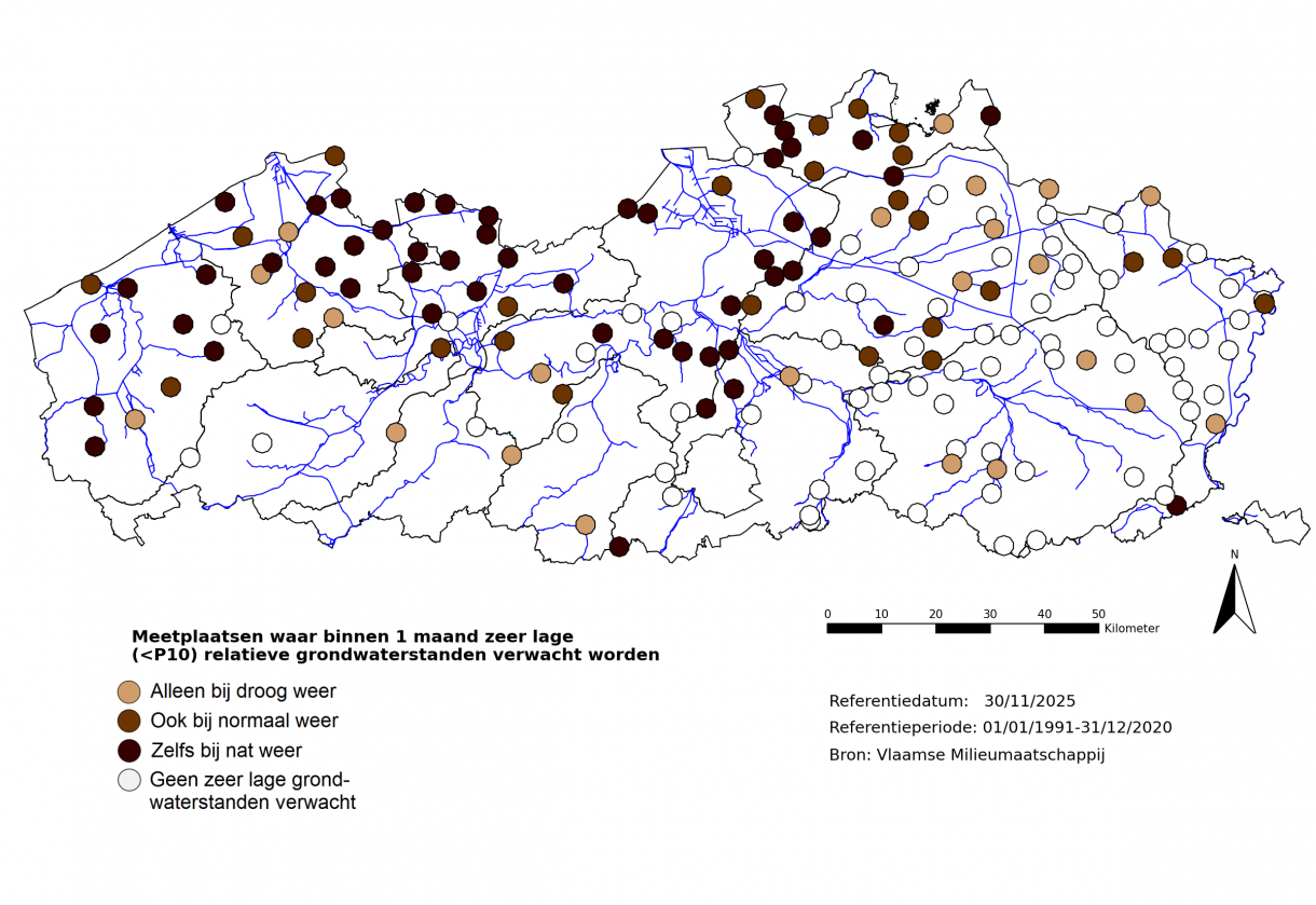 Meetplaatsen waar volgende maand zeer lage (<P10) freatische grondwaterstanden voor de tijd van het jaar verwacht worden.