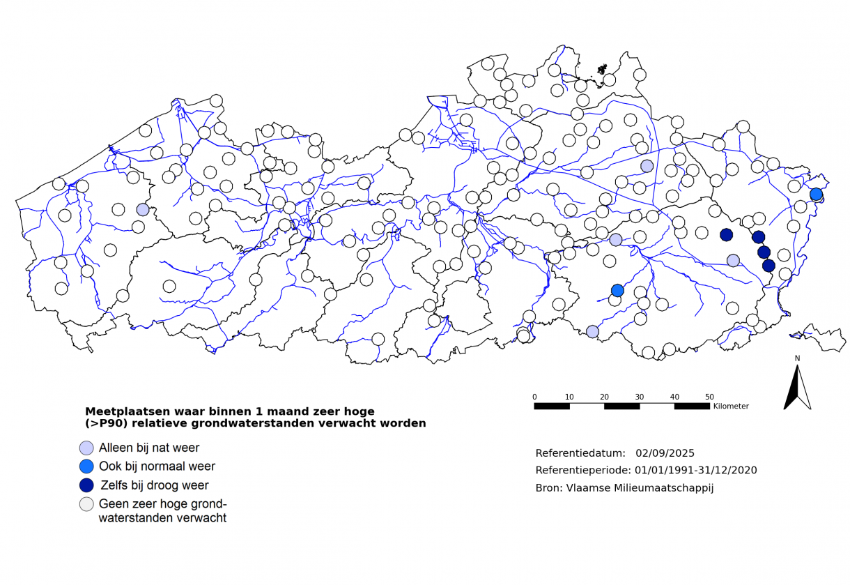 Meetplaatsen waar volgende maand zeer hoge (>P90) freatische grondwaterstanden voor de tijd van het jaar verwacht worden.