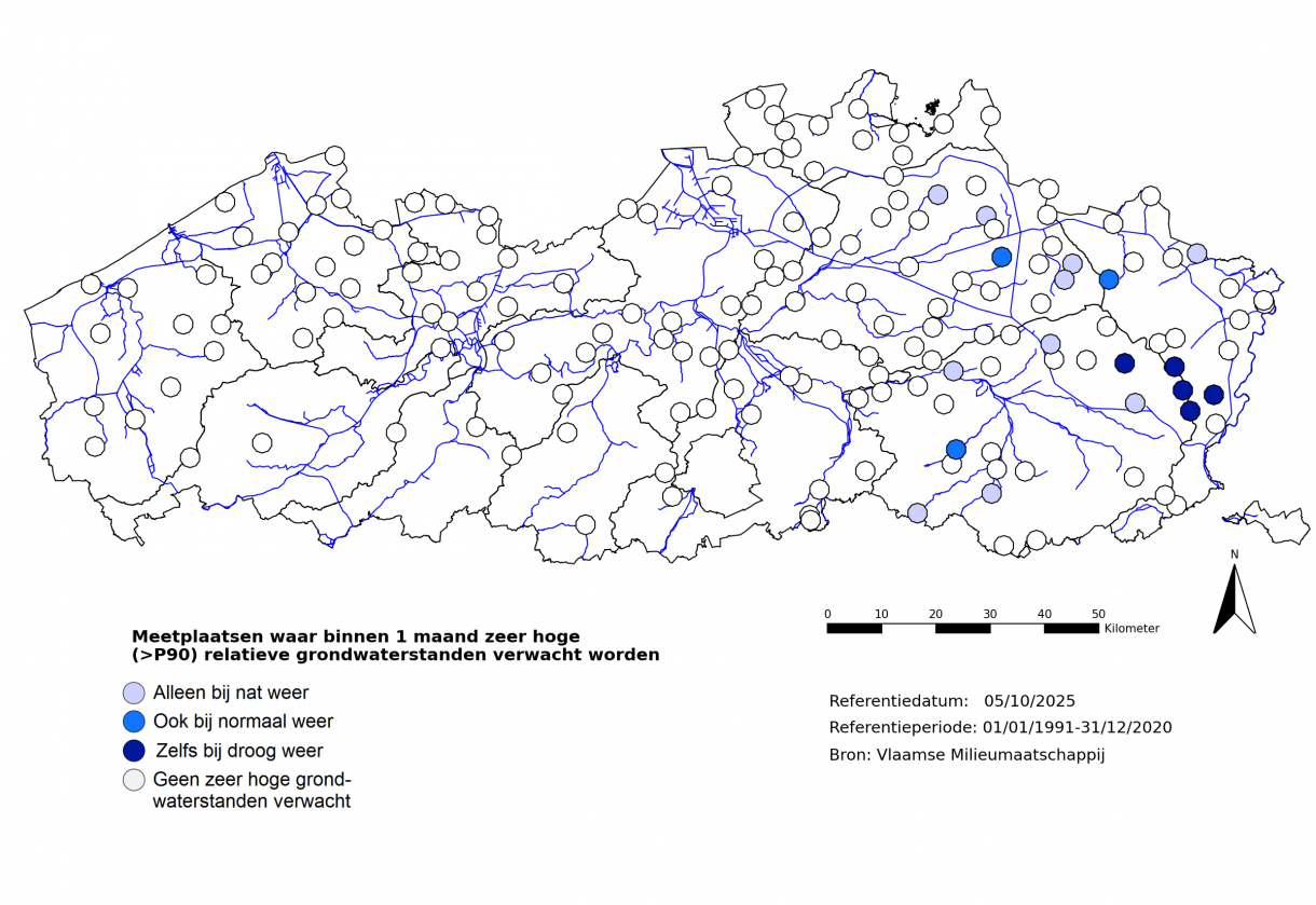 Figuur 6: Meetplaatsen waar volgende maand zeer hoge (>P90) freatische grondwaterstanden voor de tijd van het jaar verwacht worden